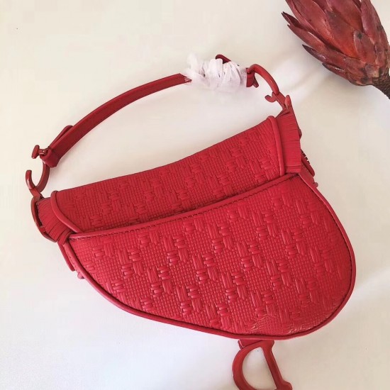 Dior Saddle Bag In Red Braided Leather Strips With Fringe