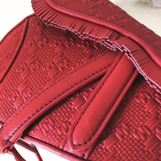 Dior Saddle Bag In Red Braided Leather Strips With Fringe