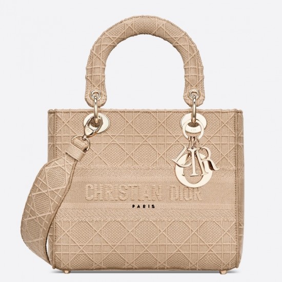 Dior Medium Lady D-Lite Bag In Beige Embroidered Canvas