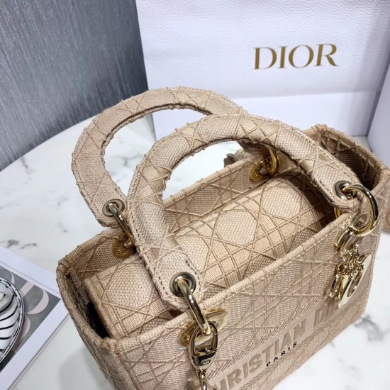 Dior Medium Lady D-Lite Bag In Beige Embroidered Canvas