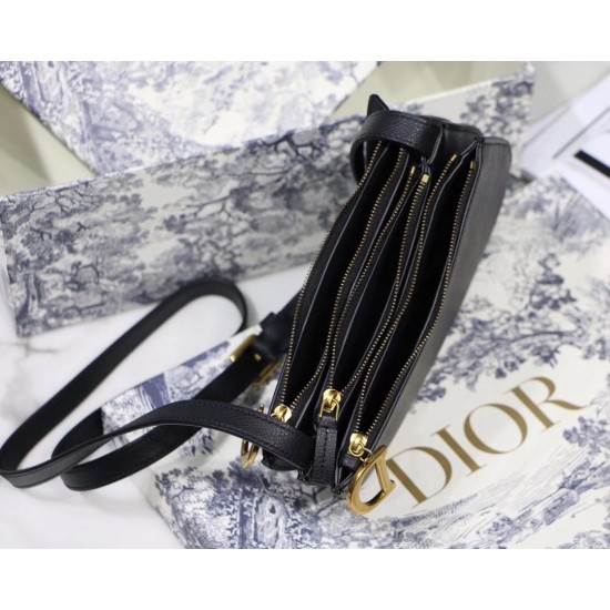 Dior Saddle Trio Pouch With Strap In Black Calfskin