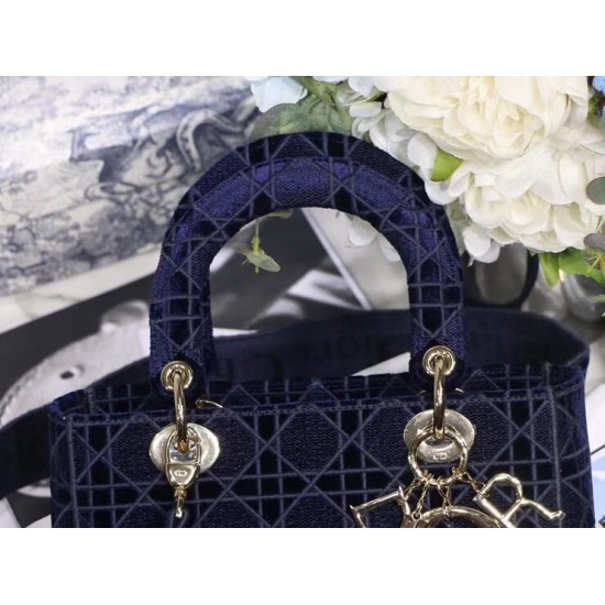 Dior Medium Lady D-Lite Bag In Blue Embroidered Velvet