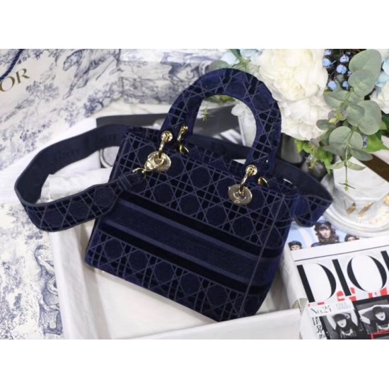 Dior Medium Lady D-Lite Bag In Blue Embroidered Velvet