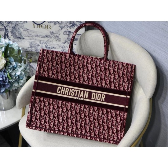 Dior Large Book Tote In Bordeaux Oblique Embroidered Velvet