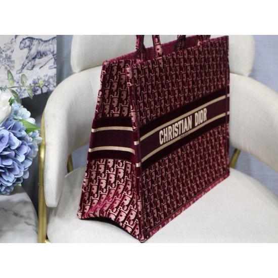 Dior Large Book Tote In Bordeaux Oblique Embroidered Velvet