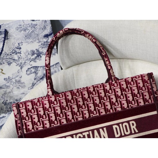 Dior Small Book Tote Bag In Bordeaux Oblique Embroidered Velvet