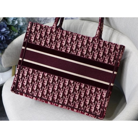 Dior Small Book Tote Bag In Bordeaux Oblique Embroidered Velvet