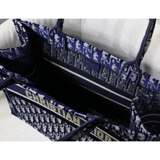 Dior Small Book Tote Bag In Blue Oblique Embroidered Velvet