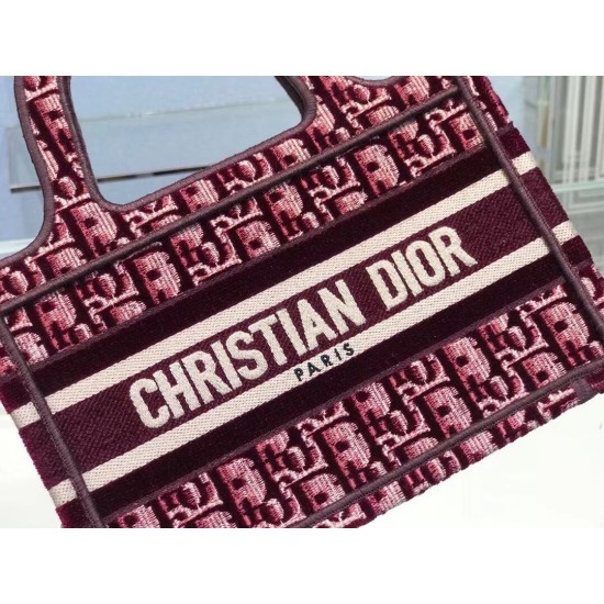 Dior Mini Book Tote Bag In Bordeaux Oblique Embroidered Velvet