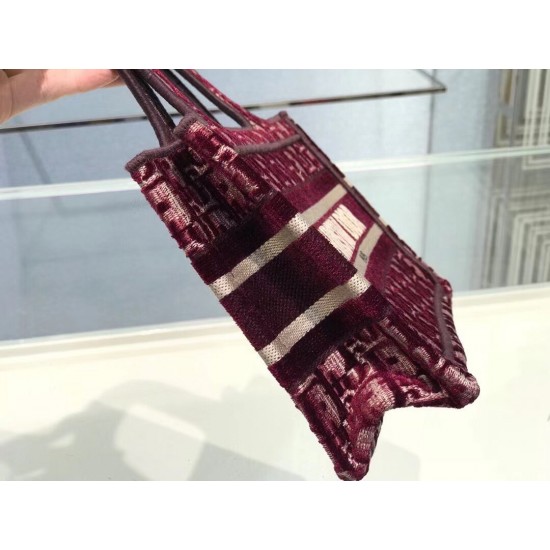 Dior Mini Book Tote Bag In Bordeaux Oblique Embroidered Velvet