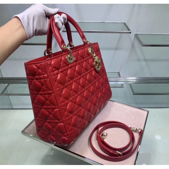 Dior Large Lady Dior Bag In Red Cannage Lambskin