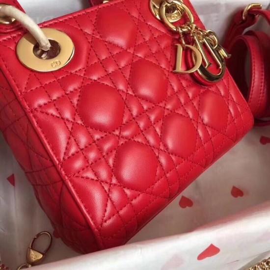 Dior Mini Lady Dior Bag In Red Lambskin