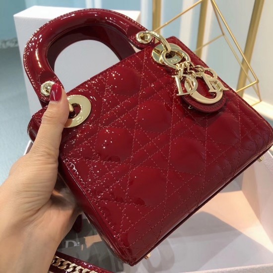 Dior Mini Lady Dior Bag In Red Patent Calfskin