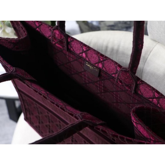 Dior Book Tote Bag In Bordeaux Cannage Embroidered Velvet