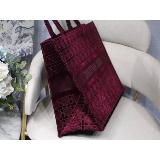 Dior Book Tote Bag In Bordeaux Cannage Embroidered Velvet