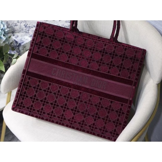 Dior Book Tote Bag In Bordeaux Cannage Embroidered Velvet