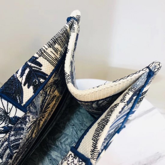 Dior Book Tote Bag In Blue Palm Tree Toile de Jouy Embroidery