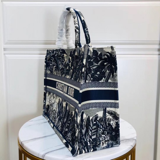 Dior Book Tote Bag In Blue Palm Tree Toile de Jouy Embroidery