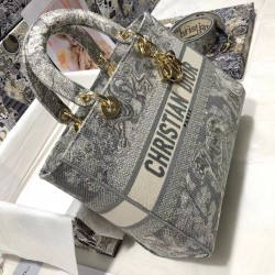 Dior Large Lady D-Lite Bag In Gray Toile de Jouy Reverse Embroidery