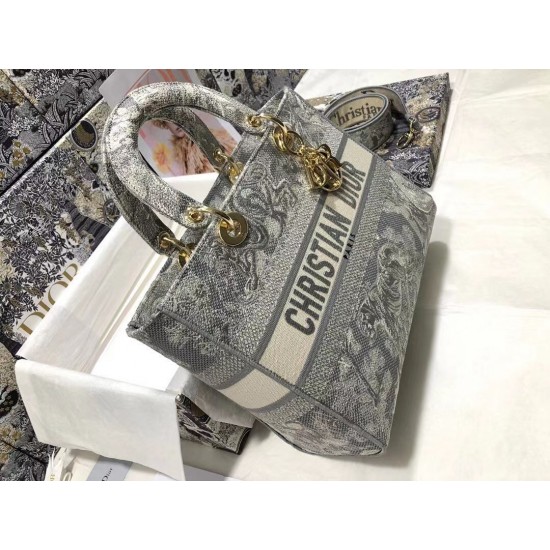 Dior Large Lady D-Lite Bag In Gray Toile de Jouy Reverse Embroidery