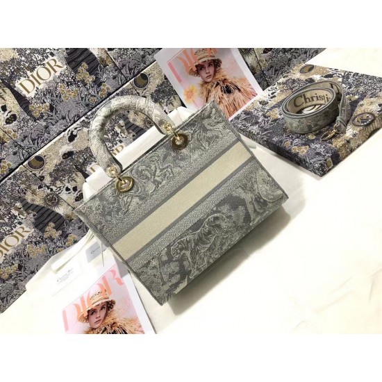 Dior Large Lady D-Lite Bag In Gray Toile de Jouy Reverse Embroidery