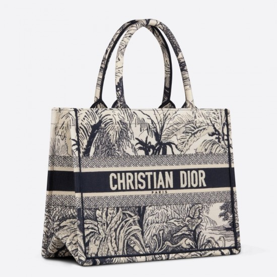 Dior Small Dior Book Tote In Blue Toile de Jouy Palms Embroidery