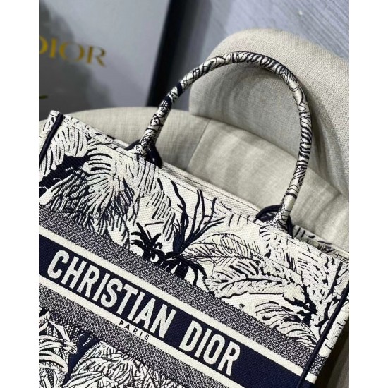 Dior Small Dior Book Tote In Blue Toile de Jouy Palms Embroidery