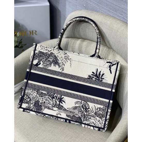 Dior Small Dior Book Tote In Blue Toile de Jouy Palms Embroidery