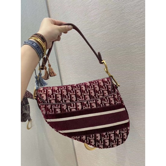 Dior Saddle Bag In Burgundy Dior Oblique Embroidered Velvet