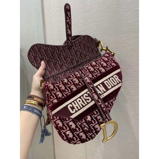 Dior Saddle Bag In Burgundy Dior Oblique Embroidered Velvet