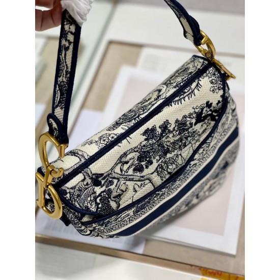 Dior Saddle Bag In Blue Toile de Jouy Embroidery