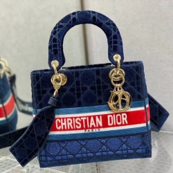 Dior Medium Lady D-Lite Bag In Blue Velvet Embroidery