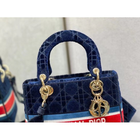 Dior Medium Lady D-Lite Bag In Blue Velvet Embroidery