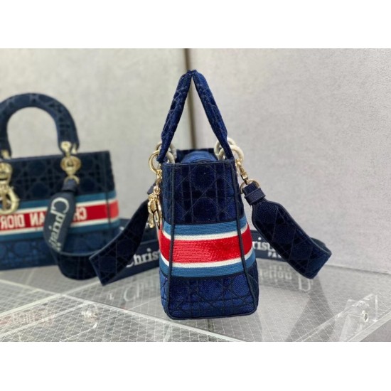 Dior Medium Lady D-Lite Bag In Blue Velvet Embroidery