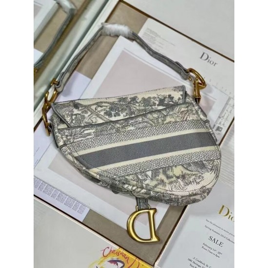 Dior Saddle Bag In Grey Toile de Jouy Embroidery