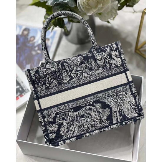 Dior New Small Book Tote In Blue Toile de Jouy Reverse Embroidery