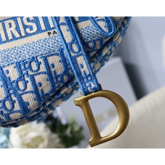 Dior Saddle Bag In Cornflower Blue Dior Oblique Embroidery