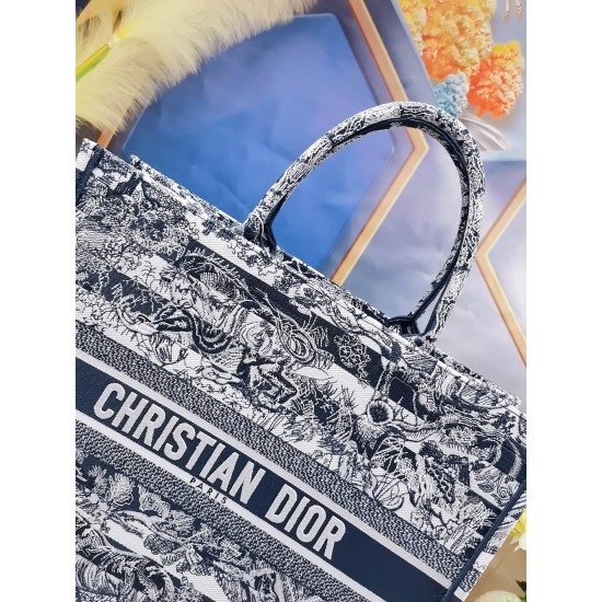 Dior Large Book Tote Bag In Blue Toile de Jouy Stripes Embroidery