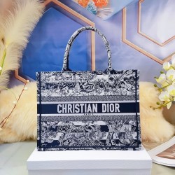 Dior Medium Book Tote Bag In Blue Toile de Jouy Stripes Embroidery