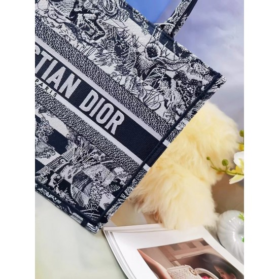 Dior Medium Book Tote Bag In Blue Toile de Jouy Stripes Embroidery