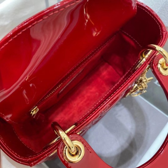 Dior Red Patent Mini Lady Dior Bag With Chain