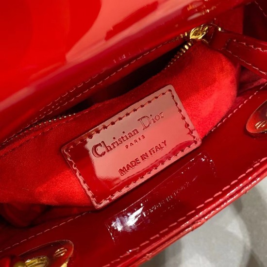 Dior Red Patent Mini Lady Dior Bag With Chain