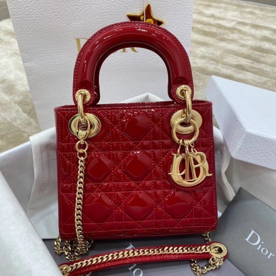 Dior Red Patent Mini Lady Dior Bag With Chain