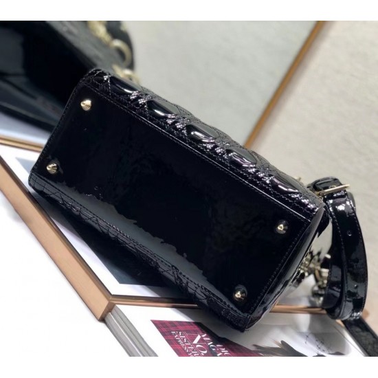 Dior Medium Lady Dior Bag In Black Patent Cannage Calfskin