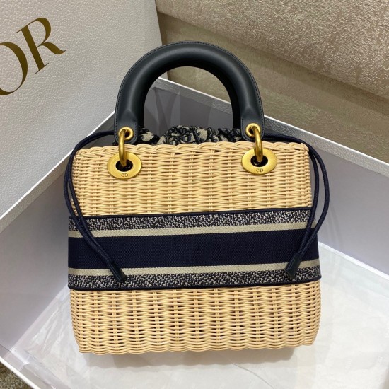 Dior Medium Lady Dior Bag In Wicker and Blue Oblique Jacquard