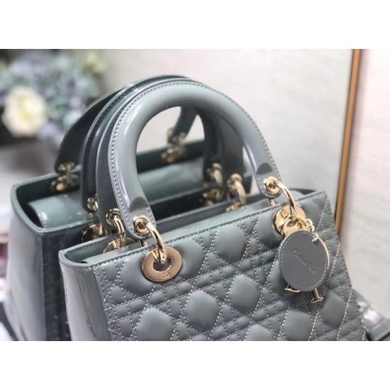 Dior Medium Lady Dior Bag In Grey Patent Cannage Calfskin