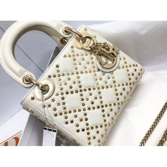 Dior Mini Lady Dior Bag In White Lambskin with Star Embroidery