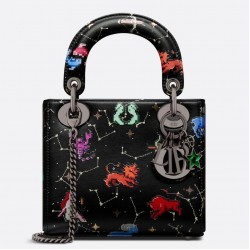 Dior Mini Lady Dior Bag In Black Calfskin with Pixel Zodiac Print