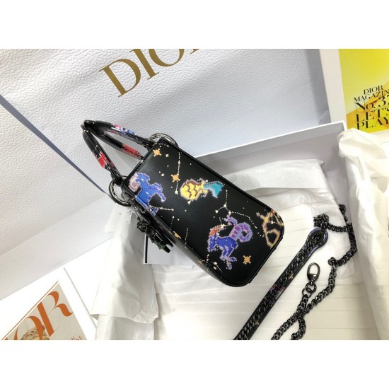 Dior Mini Lady Dior Bag In Black Calfskin with Pixel Zodiac Print