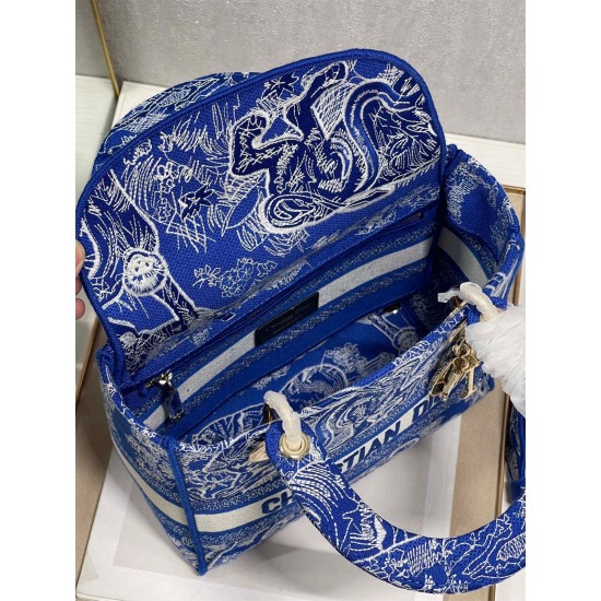 Dior Medium Lady D-Lite Bag In Fluorescent Blue Toile de Jouy Reverse Embroidery